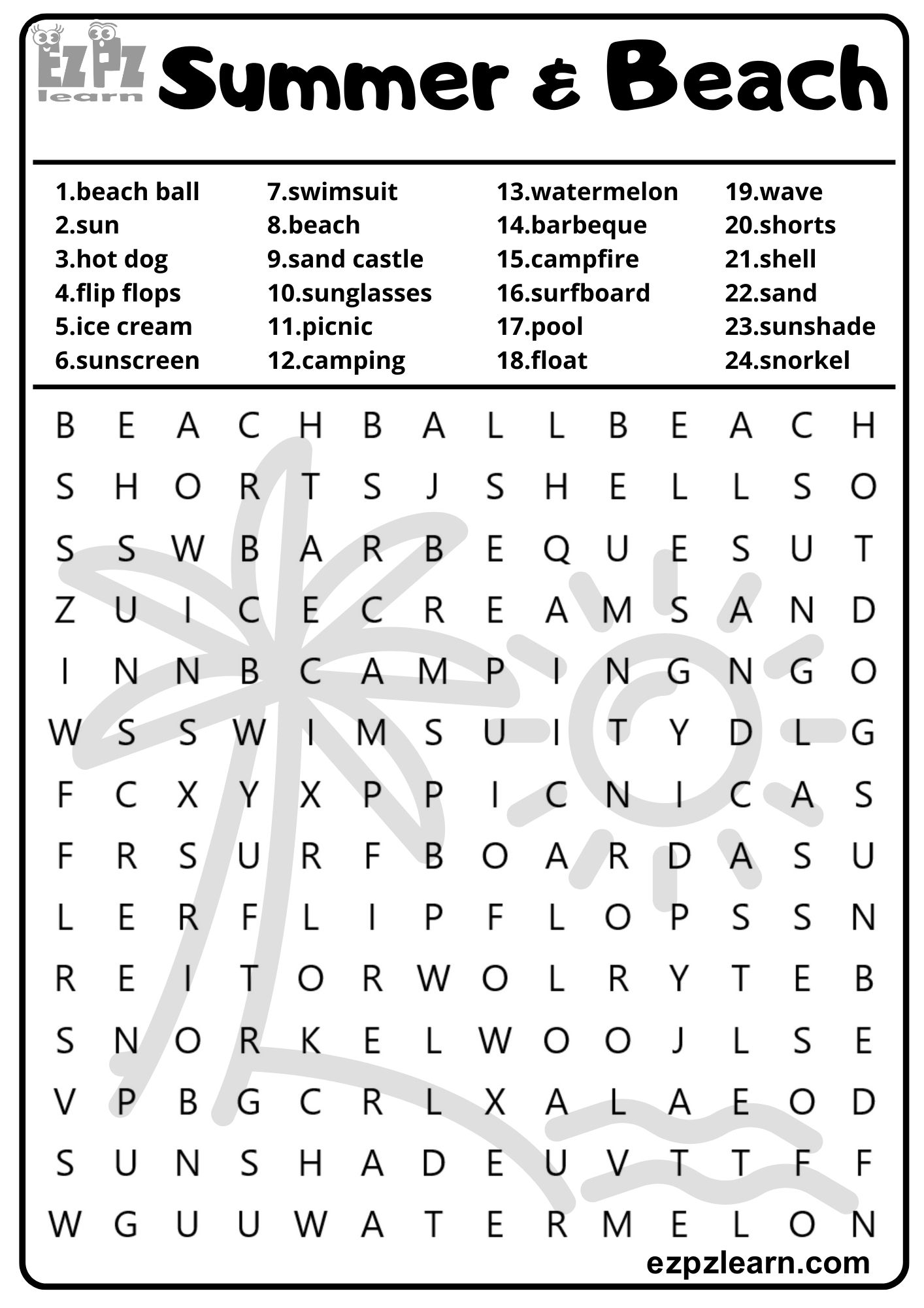 Summer Season and Beach Vocabulary Word Search for Kids and English